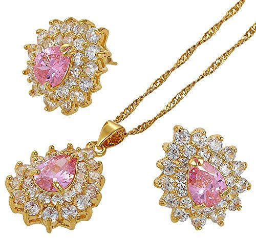 RIZILIA Teardrop Parure di Gioielli Pendente con 18 Catena & Perno Orecchini Taglio Pera CZ [Simulata Zaffiro Rosa] in Placcato Oro Giallo, Semplice Ed Elegante Moderno