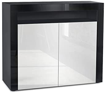 Vladon Kommode Valencia, Made in Germany, Sideboard mit 2 Türen und 1 offenem Fach, Schwarz matt/Weiß Hochglanz/Schwarz Hochglanz (108 x 92 x 40 cm)