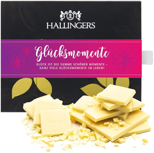Hallingers Glücksmomente - Weiße Edel-Schokolade mit Mango & Vanille - handgemacht, alkoholfrei (Box) - Geschenkideen Weihnachten & Geschenke Adventskalender | Jahrestag Glückwünsche Neues Zuhause