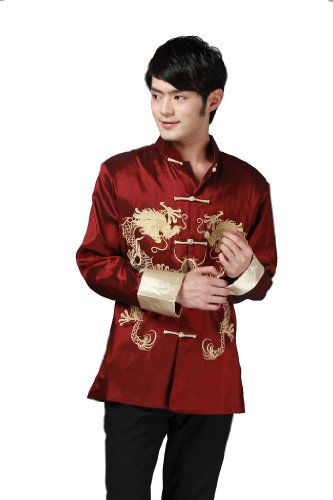 JTC Rouge Hommes brodés costume de dragon rétro vêtements chinois costume kung-fu veste de chemise (Tag XXL)