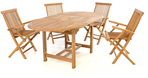 Divero Gartenmöbel-Set Terrassenmöbel-Garnitur Sitzgruppe – Esstisch 120/170 cm ausziehbar & 4X Klappstuhl mit Armlehne – Teakholz massiv behandelt