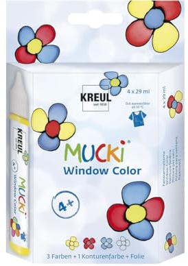 KREUL 24450 - Mucki Window Color Set, 4 x 29 ml Farbe und feste Folie, Fenstermalfarbe auf Wasserbasis, parabenfrei, glutenfrei, laktosefrei, vegan, leicht vermalbar, auswaschbar
