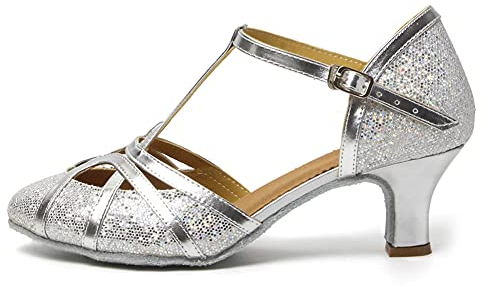 HROYL Women Dance Shoes C5-W11 Silver Leather Latin/Chacha/Samba/Modern/Jazz Dance Shoes, 6 UK, 5cm Silver