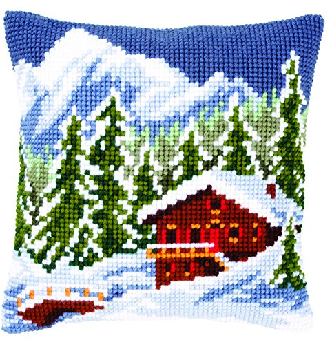 Vervaco Kreuzstich Stickpackungen Kissen Stickerei Set Anfänger Vorgedruckt Winterlandschaft DIY Set Kreativ Set Für Erwachsene Dekoratives Kissen ca. 40 x 40 cm Bastelset Handwerker Haus Dekoration
