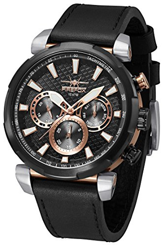 FIREFOX Multifunktionsuhr FFS280-102 rosevergoldet Edelstahl Herrenuhr Lederarmband schwarz Armbanduhr Kalender Wochentag Datum 10 ATM wasserdicht