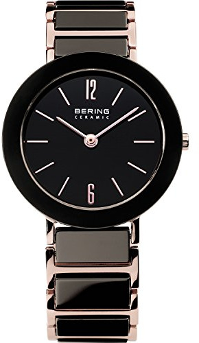 BERING Damen Quarz Uhr | Armbanduhr 35 mm roségoldenes Edelstahlgehäuse und schwarzes Zifferblatt | Edelstahlband mit Keramikelementen | 3 ATM | 11435-746