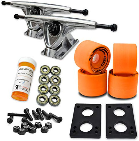 Yocaher Longboard Skateboard Trucks Combo Set 71mm Wheels + 7/180mm Heavy Duty Aluminum Polished Trucks, Bearing, Riser Pad, and Longboard Hardware Package (Solid Orange Wheel & Polished Trucks)