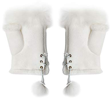 FEINZWIRN Trendige ARMSTULPEN HANDSCHUHE mit Daumenloch und geschmeidigem Fellbesatz WG15 (weiss)