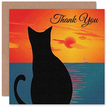 Wee Blue Coo THANK YOU CAT ANIMAL SUNSET SEA BOAT ILLUSTRATION BLANK GREETINGS CARD