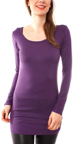Easy Young Fashion - Damen Basic Langarmshirt - Rundhals Longshirt - Unterziehshirt Skinny Fit 1098A - Violett M/L