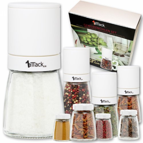 Juego de 4 molinos de especias con molinillo de cerámica ajustable molino de sal noble molino de pimienta molino de chile - 8 piezas 4 molinos y 4 vasos de repuesto - sin contenido de especias - 140 ml blanco