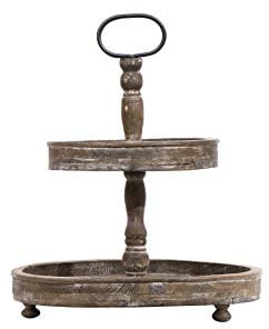 Creative Co-Op Decorative Wood 2‑Tier Tray Round Serving and Display Stand, Natural Finish