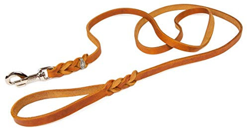 CopcoPet - Fettlederleine 1 m x 15 mm, Cognac, Hunde-Leine aus Leder mit verchromtem Karabiner, geflochtene Hunde-Führleine Leder