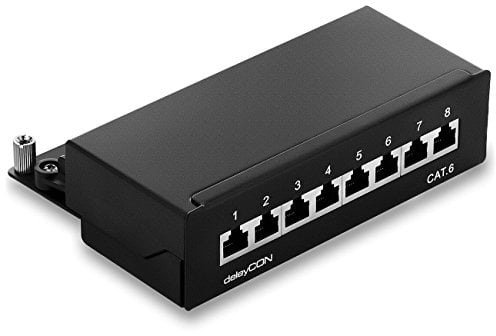 deleyCON CAT6 Panneau de Brassage 8 Ports Bureau & Montage Mural - Blindé - Prise 8x RJ45 - TIA568A TIA568B - Noir Pour Ordinateur