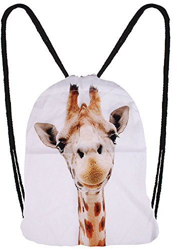 Hanessa Jutebeutel mit Giraffen Tier Aufdruck Sportbeutel Tüte Rucksack Beutel Tasche Gym Bag Gymsack Hipster Fashion Sport-Tasche Einkaufs-Tasche Weiß Giraffe