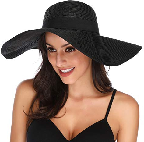 Lanzom Chapeau de paille pliable à large bord pour femme 14 cm UPF 50+ - noir - Taille unique