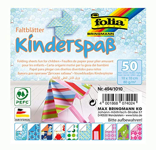 folia 494/1010 - Faltblätter Kinderspaß, 10 x 10 cm, 80 g/qm, 50 Blatt sortiert in 10 Motiven - ideal für wunderschöne Faltfiguren und -formen