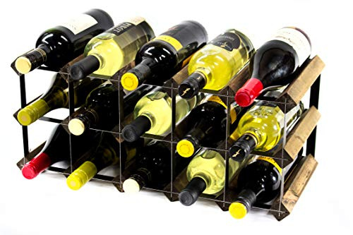 Classic 15 Bottle Wine Rack, Walnut Stained Wood and Black Metal | Ready Assembled