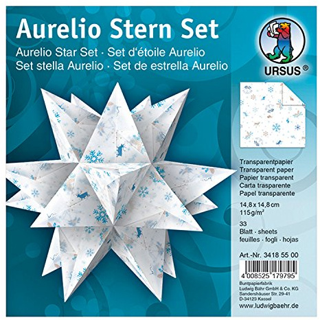 Ursus 34185500 - Faltblätter Aurelio Stern Classic Christmas, blau / braun, 33 Blatt, aus Transpatentpapier 115 g/qm, ca. 14,8 x 14,8 cm, einseitig bedruckt, ideal als Weihnachtsdeko