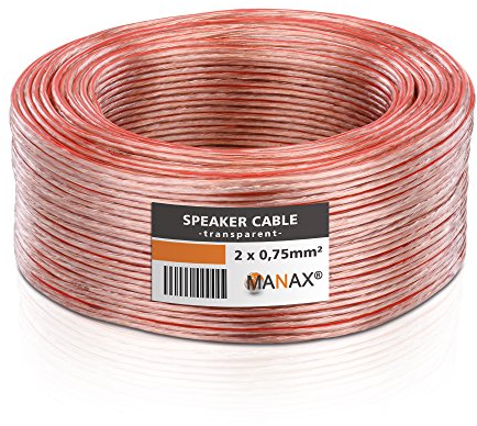 Manax - Cable de Altavoz (2 x 0,75 mm2 CCA, Cable de Audio y de Altavoces) 50m 0,75mm² - 1 Ring Transparente