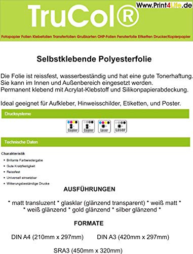 25x Selbstklebende Etiketten 420 x 297 mm WETTERFEST weiß matt reissfest auf DIN A3 Bogen - 1 Etikett pro Seite – 25 Polyester Folienetiketten selbstklebend mit Laser Drucker bedruckbar