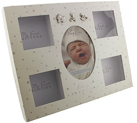 Superbe Cadre Souvenir Bambino Blanc avec étoiles gris - avec compartiments pour 1 Chaussons, moufles, Bonnet, & Gifts