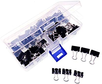 JZK 60x Fermacarte a pinza nere molle doppia clip 15mm fermacarte molletta piccole per raccoglitori mini clip pieghevoli in metallo con scatola, morsetti per carta documenti, necessità cancelleria