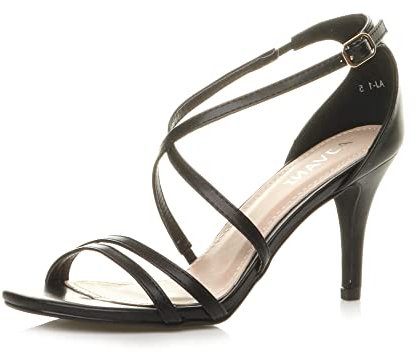 Ajvani Womens Ladies mid high Heel Strappy Crossover Wedding Sandals Shoes Size 5 38, Black Matte, 5 UK