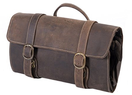 Alpenleder Kulturbeutel - Chicago (Handgefertigt) - Nachhaltiges Bio-Leder aus regionaler Landwirtschaft | Kulturtasche Damen & Herren, Kulturbeutel Leder *Fair Produziert* (32x17x5cm, Old Havanna)
