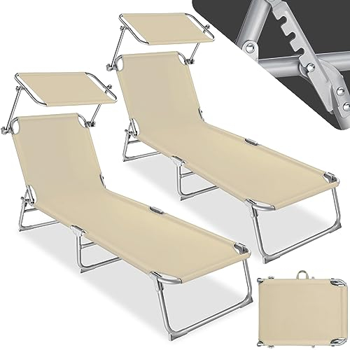 tectake® Set de 2 Tumbonas Jardín Exterior, Toldo y Respaldo Regulables, Tumbona Plegable Resistente a Intemperie, Tumbona Playa con Parasol, Tumbona Piscina Carga Máx 110 kg, Fácil Transporte - beige