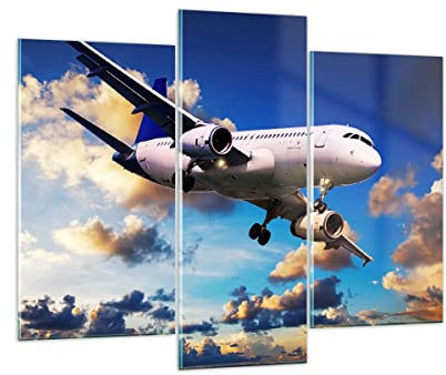 Mehrteilige Bilder auf Glas 130x100cm Glasbild Flugzeug Flug Reise Fahrzeug Groß Wanddeko Schlafzimmer Küche Set 3 teilige Wandbilder Dekoration Wohnzimmer Modern Wand Kunstdruck Art GCB130x100-2445