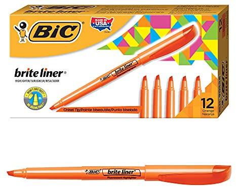 Bic Brite Liner Textmarker, Keilspitze, Orange, 12 Stück, ideales Textmarker-Set zum Organisieren und Ausmalen