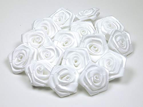 Rosen 3 cm x 10 Stück Satinrosen Aufnäher Deko Blumen Röschen zum Basteln Hochzeit kleine Rosenköpfe Farbe: Weiß 029