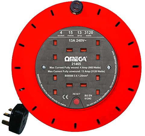 Omega 15 m Extension Reel with 4 Way Output Socket - Orange