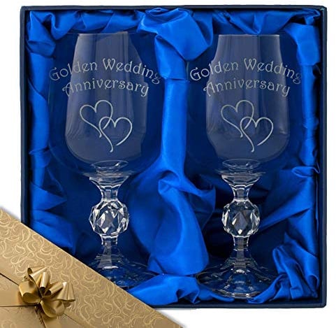 50th Golden Wedding Anniversary Engraved Crystal Wine Goblets in Gift Box. Gift Wrap and Ribbon