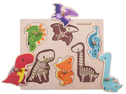 EverEarth Puzzle Dinosaurier aus nachhaltigem Holz – Buntes Lernspielzeug zur Förderung von Motorik und Problemlösung – Umweltfreundliches Holzpuzzle für Kinder – EE33736