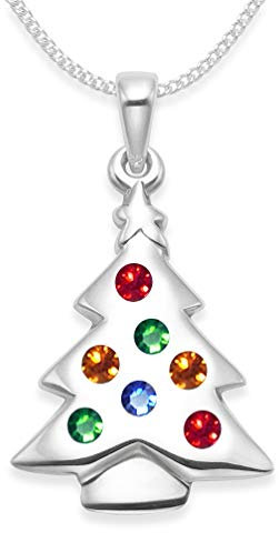 Heather Needham Sterling Silver Christmas Tree Necklace on 18/46cm Silver chain - Multi colour Cubic Zirconia Christmas Tree Pendant - SIZE: 23mm x 16mm - Gift Boxed 04811/18