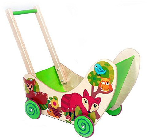 Hess Holzspielzeug 31169 - Puppenwagen aus Holz, Serie Waldtiere, handgefertigt, mit Gummibereifung, für Kinder ab 12 Monaten, ca. 54 x 8,5 x 38,8 cm