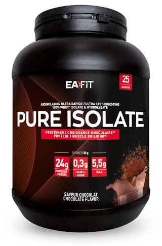 EAFIT - Pure Isolate - Whey Protein Isolate - Whey pour Prise de Masse et Musculation - 26g de Proteine, 5,8g de BCAA - Faible en sucres et matières grasses - 750 g - CHOCOLAT - Marque FR