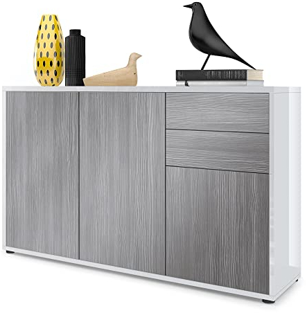 Vladon Sideboard Ben V3, Kommode mit 3 Türen und 2 Schubladen, Weiß Hochglanz/Avola-Anthrazit (117 x 74 x 36 cm)