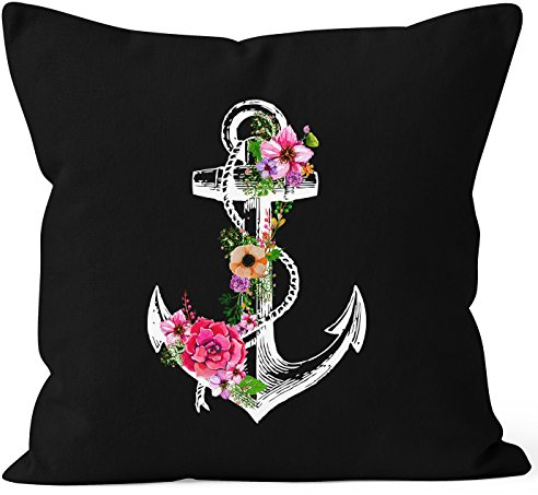 Autiga Kissenbezug Blumen Anker Flower Anchor Watercolor 40x40 Baumwolle Kissen-Hülle Deko-Kissen schwarz 40cm x 40cm