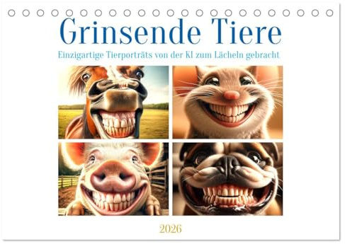 Grinsende Tiere - Tierporträts von der KI zum Lächeln gebracht (Tischkalender 2026 DIN A5 quer), CALVENDO Monatskalender: Freude pur in jedem Tierbild (CALVENDO Spass)