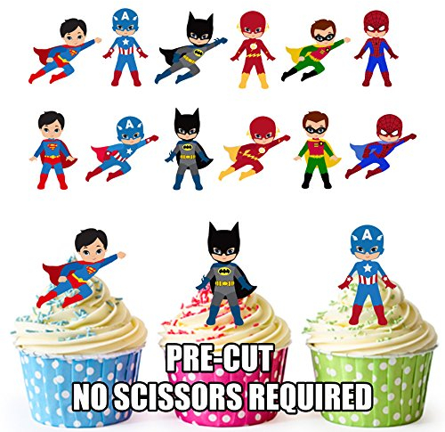 AK Giftshop PRE-CUT Superhero/Super hero Squad Party Pack - Edible Cup Cake Toppers Decorations (Pack of 36)