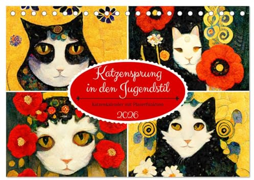 Katzensprung in den Jugendstil (Tischkalender 2026 DIN A5 quer), CALVENDO Monatskalender: Gemalter Katzenkalender nach Art des Jugendstils mit Planerfunktion (CALVENDO Tiere)