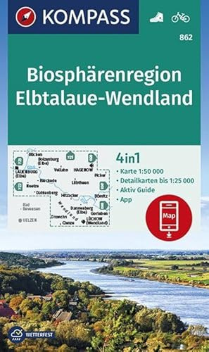 KOMPASS Wanderkarte Biosphärenregion Elbtalaue-Wendland: 4in1 Wanderkarte 1:50000 mit Aktiv Guide und Detailkarten inklusive Karte zur offline ... (KOMPASS-Wanderkarten, Band 862)