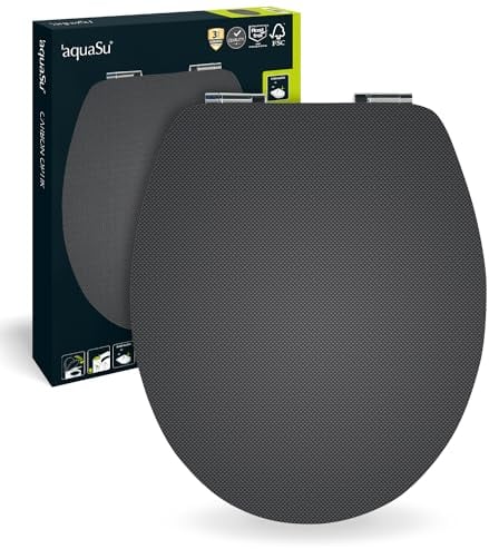'aquaSu® WC-Sitz mit Absenkautomatik, Dekor Carbon, High Gloss Toilettensitz mit Holz-Kern & Schnellbefestigung, Standard O Form universal, Metallscharniere, Toilettendeckel glänzend, 40282 8