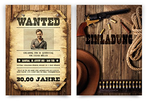 Einladungskarten zum Geburtstag (60 Stück) als Wanted Poster mit Foto Western Kopfgeld