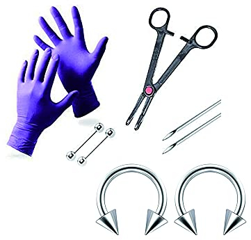 BodyJewelryOnline Erwachsenen Brustwarzenpiercing Kit - mit 2 Herzen Schilde - Handschuhe, Nadeln, Tool & Hanteln