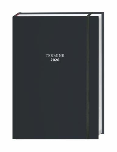 Tages-Kalenderbuch A6, schwarz 2026: Schwarzer Terminkalender mit Schulferien und Feiertagen. Buch-Kalender mit Lesebändchen und Gummiband. ... zum Planen von Terminen. (Bürokalender Heye)