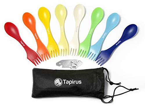 Tapirus - Camping Sporks to Go V8 Set - 7 BPA Free Plastic Sporks Reusable - Camping Spoon Fork Knife Combo with Bottle Opener & Case - For Hiking, Hunting, Backpacking Utensils, MREs - Pack of 8